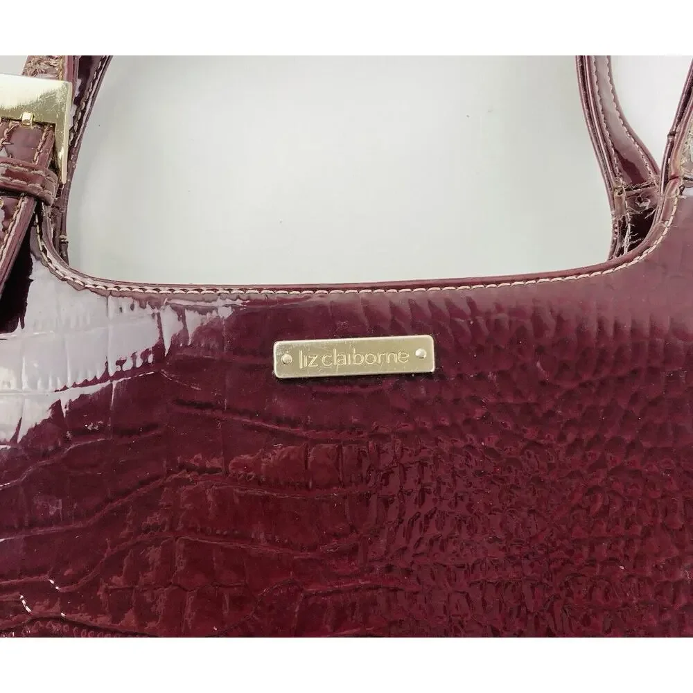 Liz Claiborne Purse Dark Brown Maroon Handbag Faux Leather Croc Alligator Burgun